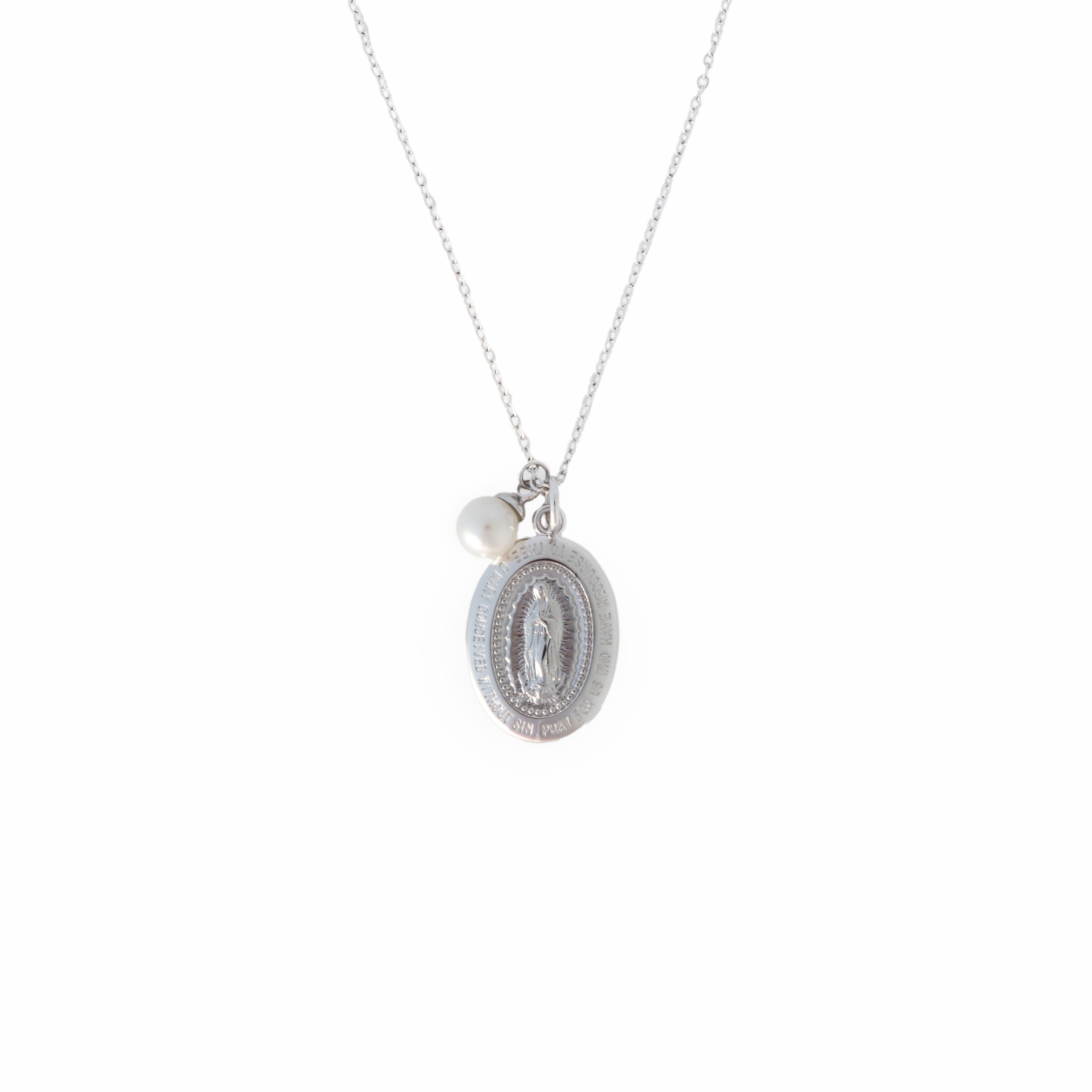 Miraculous Medal Pearl Necklace - Silver (Waterproof)