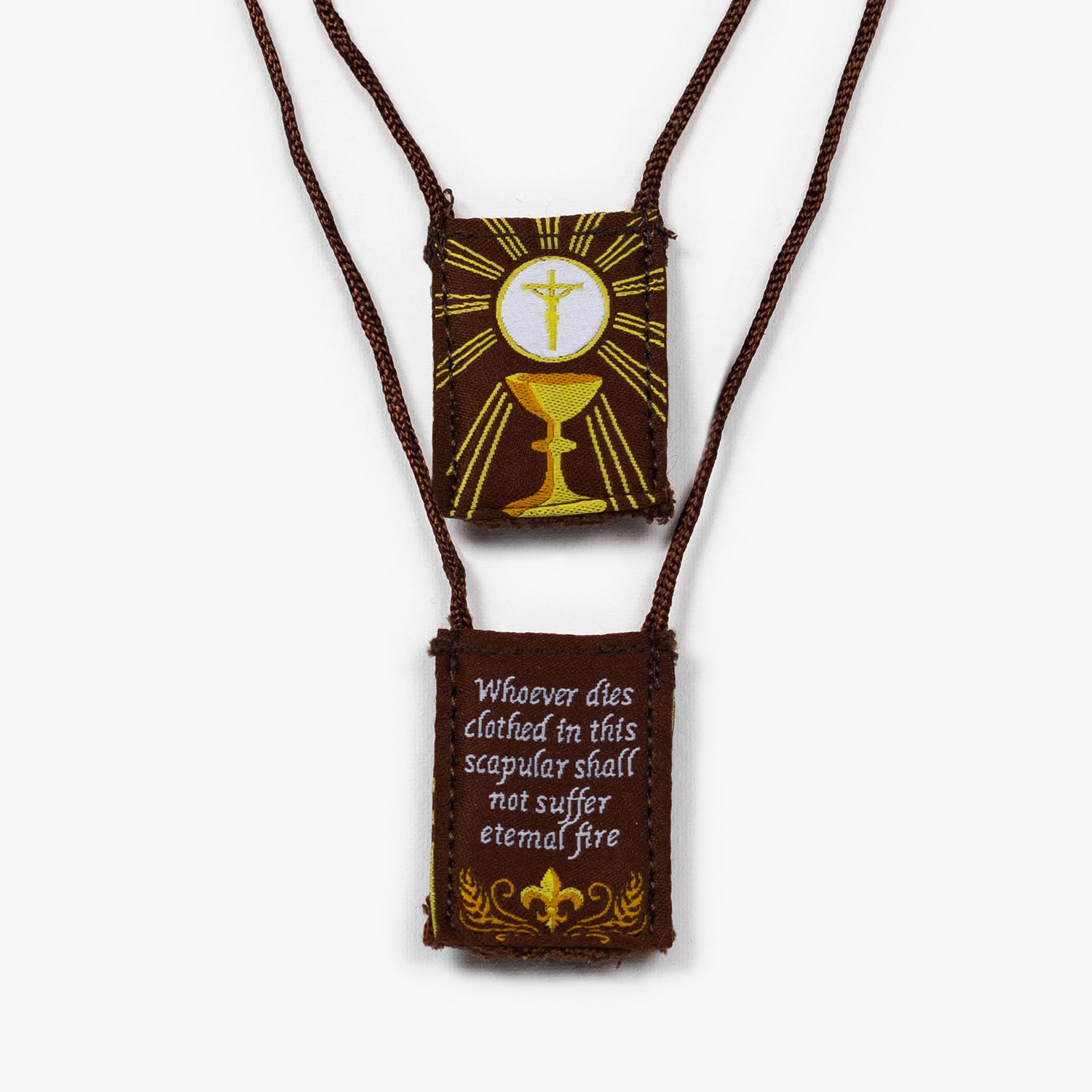 Premium Brown Scapular, Brown & Gold, Eucharist (Kids’ Size)