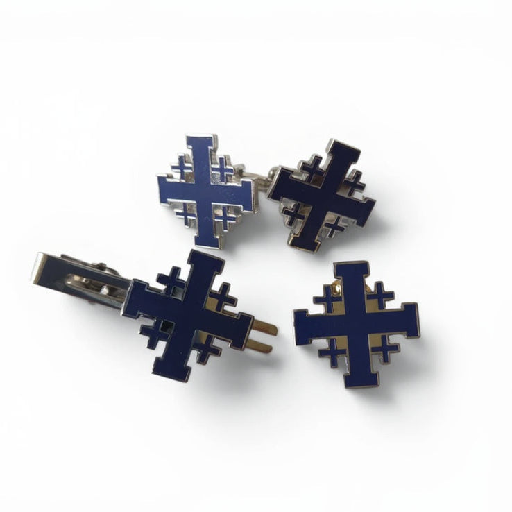 Blue Jerusalem Cross Cufflinks and Tie Bar Set